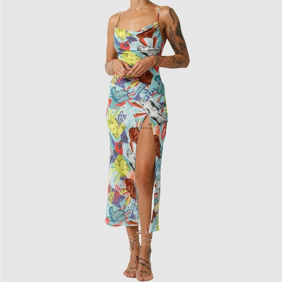BNWT Jagger & Stone JGR & STN Miami Maxi Dress W Slit NEW Sz 0 XS Lt Blue Print - Picture 1 of 10